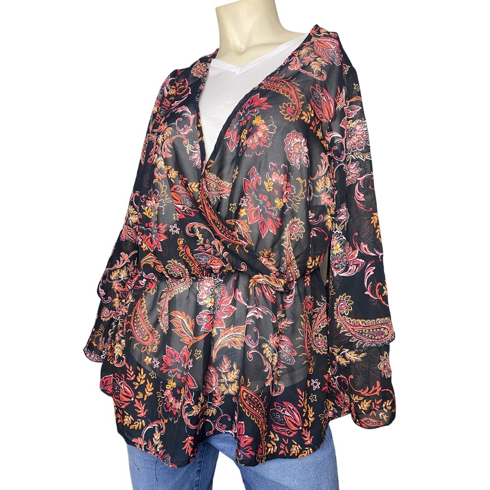 Unique Spectrum Women 1X Black Paisley Sheer Faux Wrap Blouse Top Boho Bell